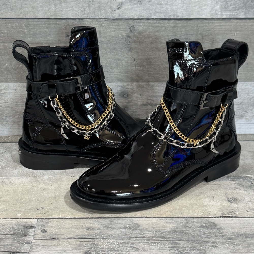 ZADIG & VOLTAIRE Laureen Patent Leather Chain Boots - Black - Sz - 6 .US/37 .EU